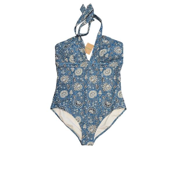 Boden Ithaca Halter Swimsuit Swim One Piece Women 16-18 long new blue paisley - Picture 2 of 6